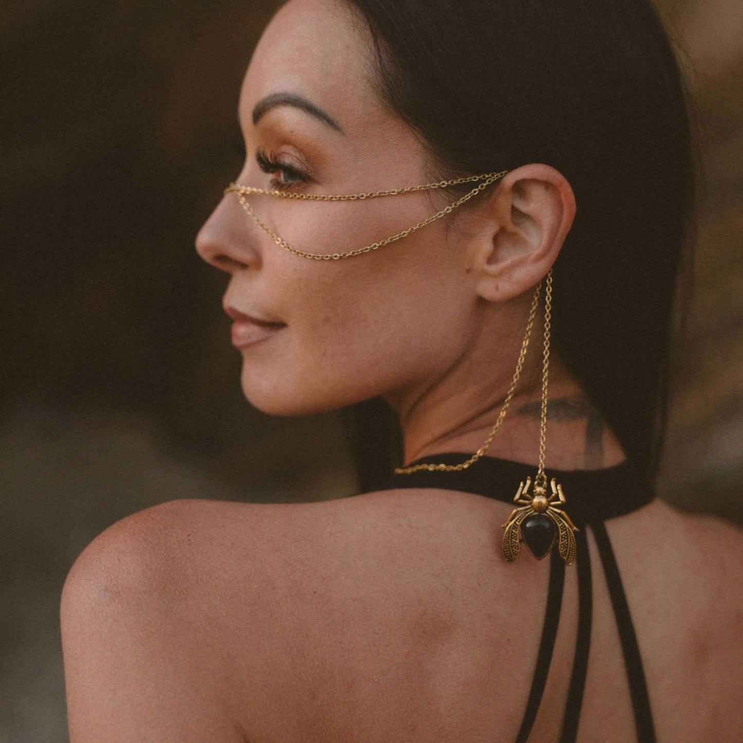 Egyptian Scarab Face Double Chain Black & Gold