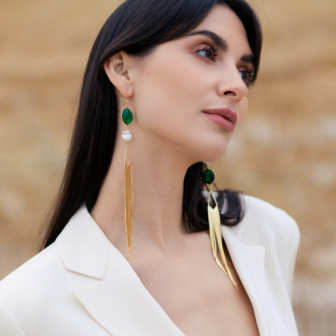 Emerald Tablets Waterfall Tassel Earrings