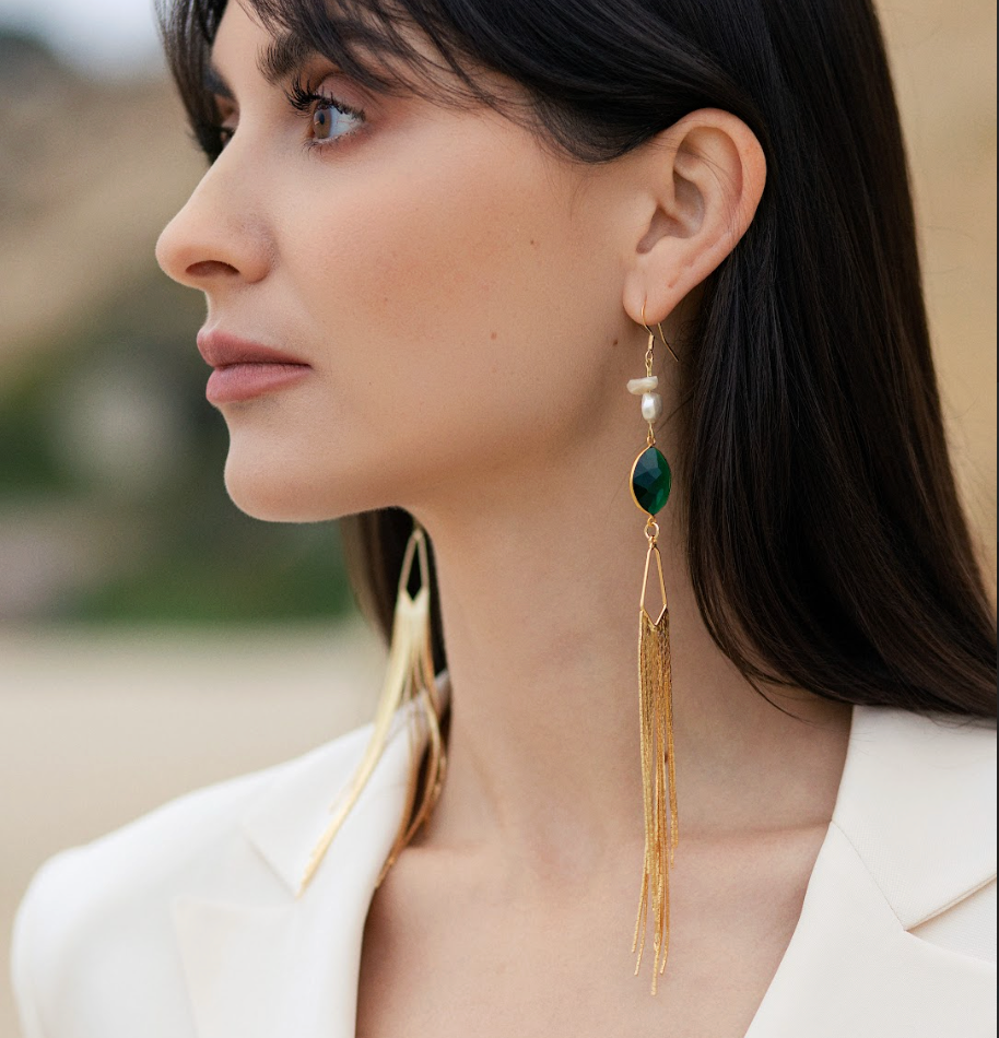 Emerald Tablets Waterfall Tassel Earrings