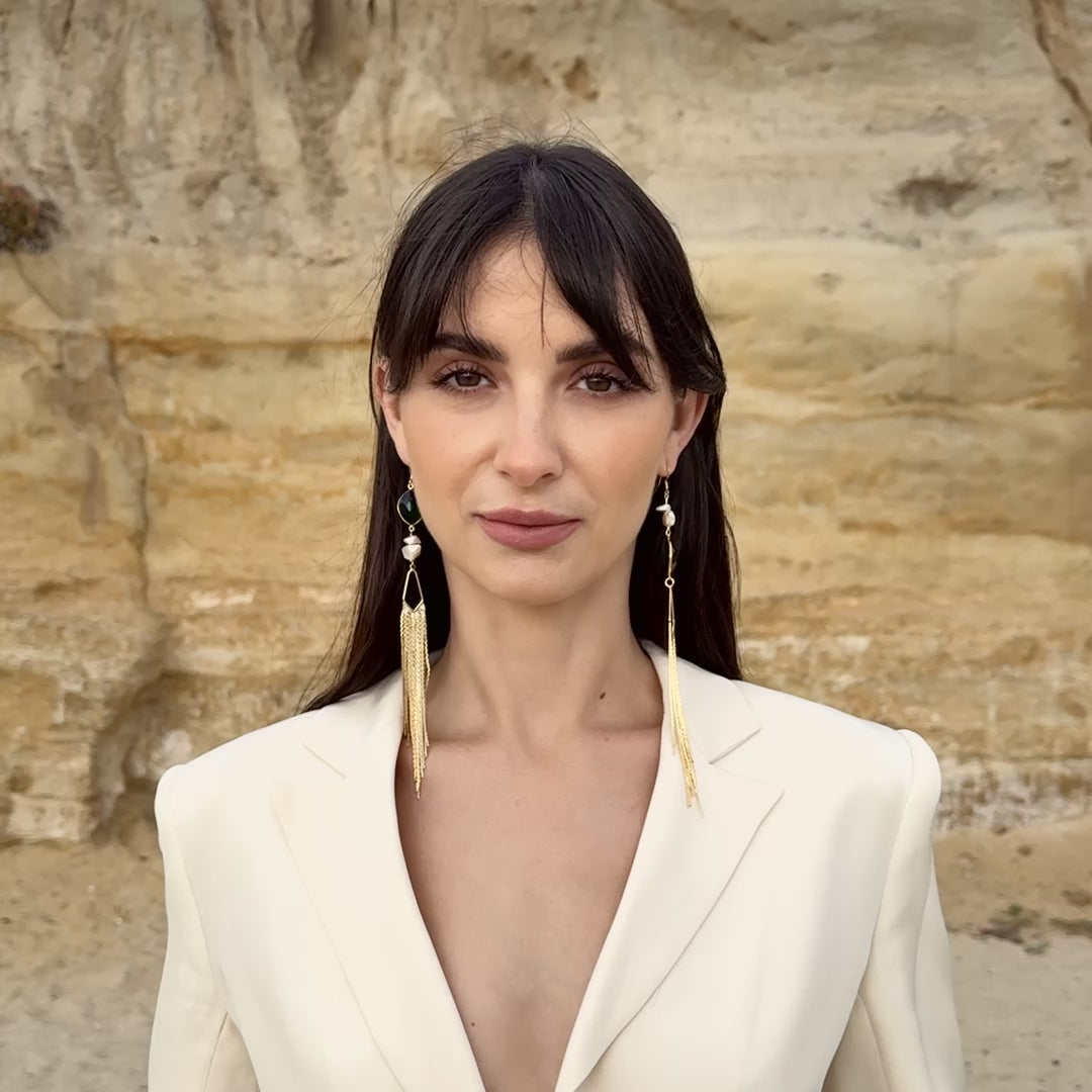 Emerald Tablets Waterfall Tassel Earrings